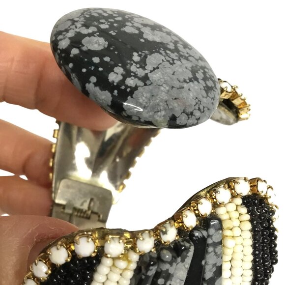 VTG HANSEN Signed 1988 Obsidian Stone Beaded Cuff Bracelet Clip-On Earrings Set - Picture 14 of 16